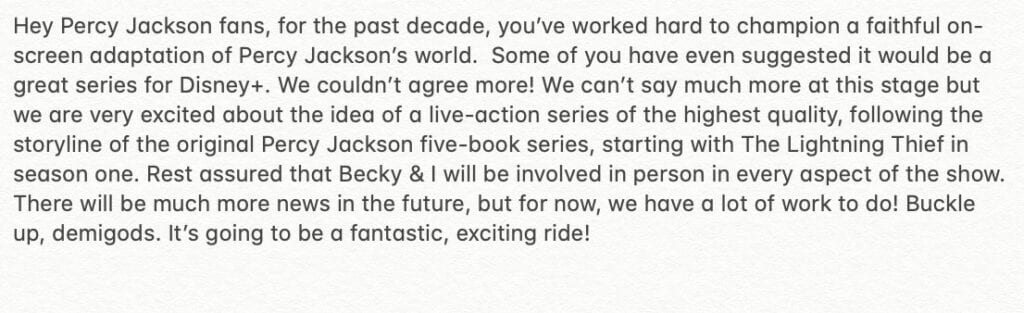 A screenshot of Riordan's tweet about Percy Jackson Coming on Disney Plus [Source: Rick Riordan's Official Twitter Account]