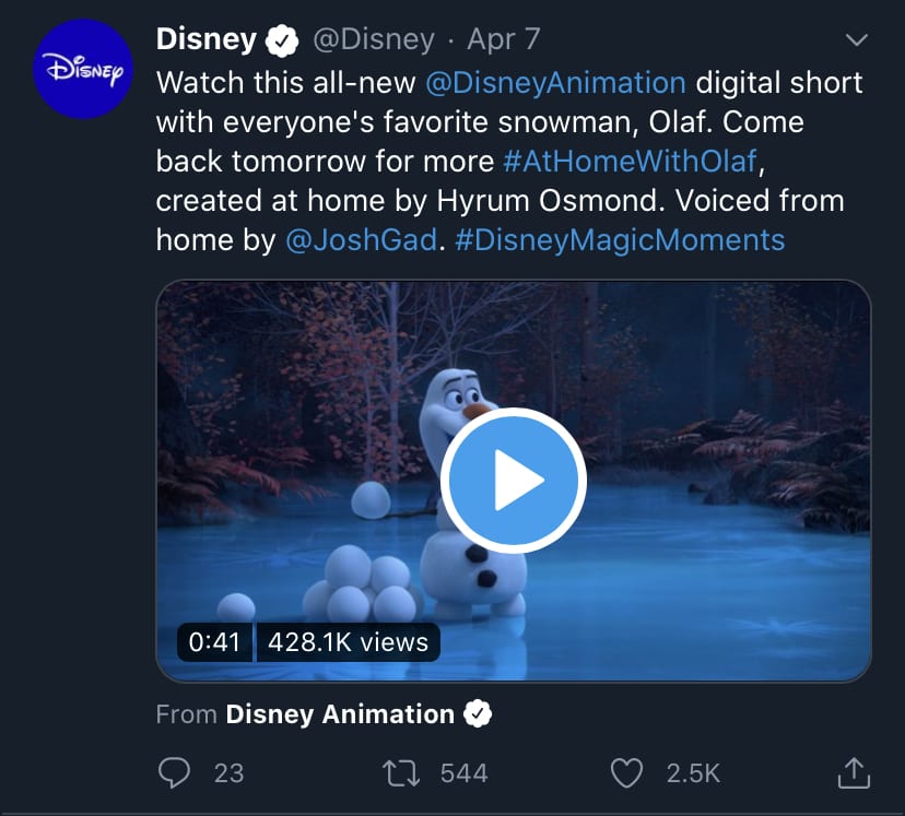 Disney's At Home with Olaf Announcement [Source: Disney's Official Twitter Account]