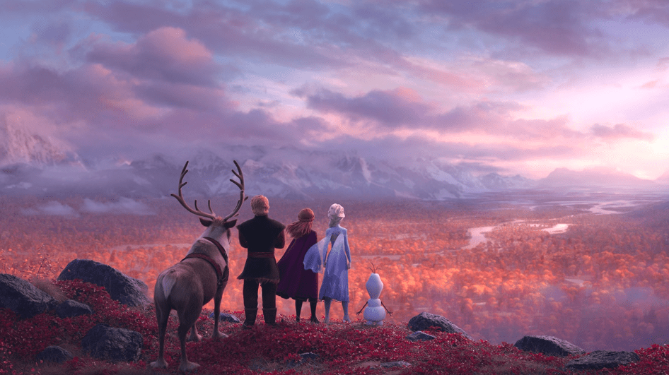 Sven, Kristoff, Anna, Elsa, and Olaf Looking at the Horizon [Source: Disney]