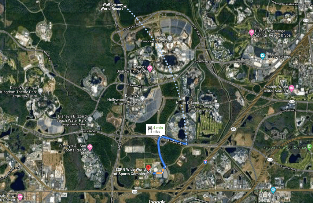 The Distance from the Sports Complex to Disney World [Source: Google Maps]