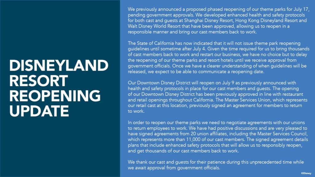 Disneyland Officially Postpones Reopening [Source: Disney]