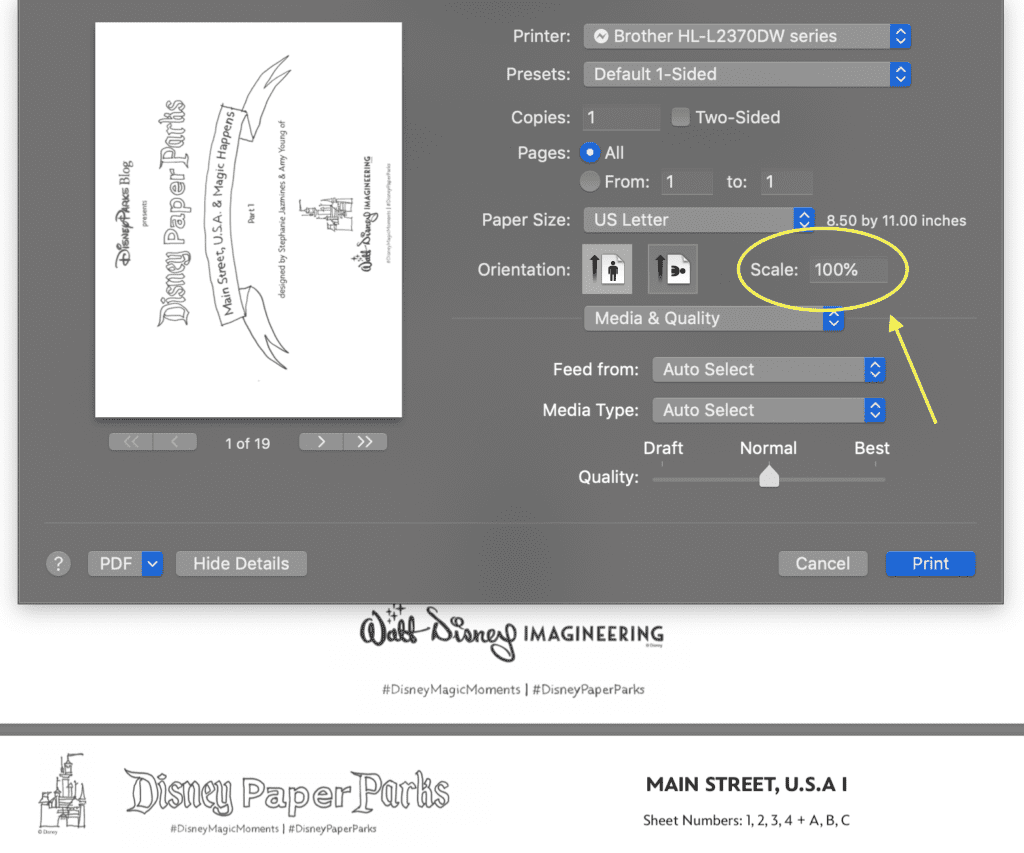 Disney Paper Parks Print Actual Size Screenshot (Note: This is from a Mac computer, but PC should be pretty similar.)