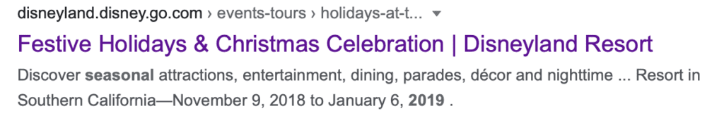 A Google Snapshot of Disneyland Holidays and Christmas Dates from 2019 [Source: Google]