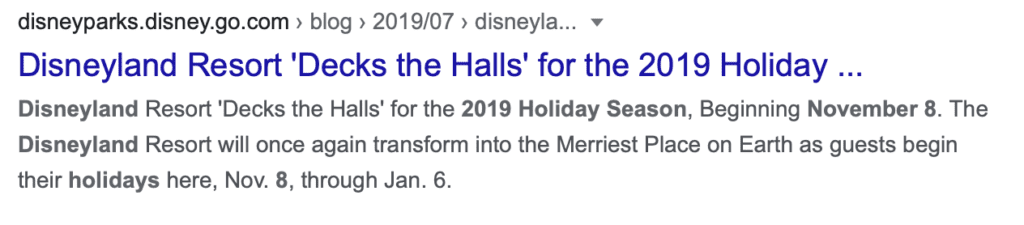 A Google Snapshot of Disneyland Holidays and Christmas Dates from 2019 [Source: Google]