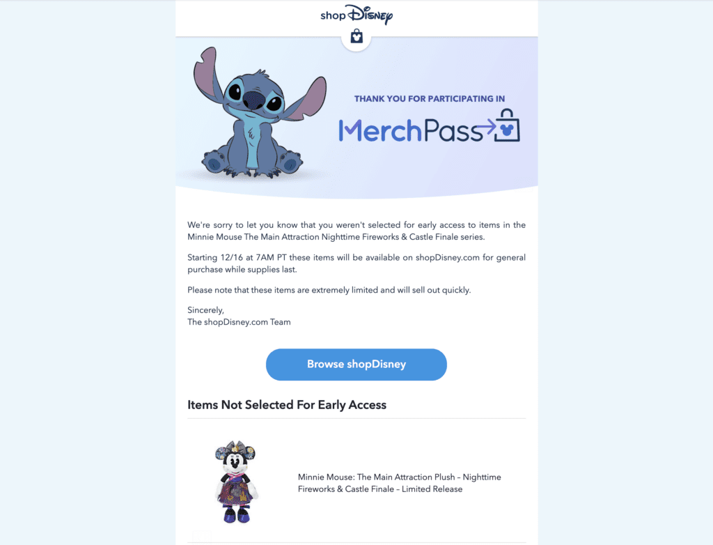 MerchPass Email Notification [Source: Disney]