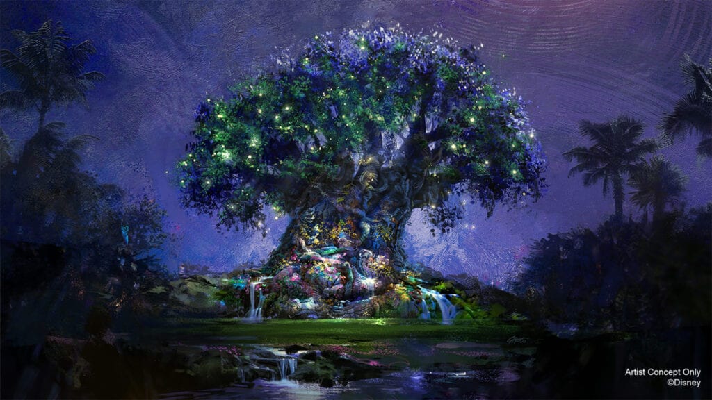 In this artist rendering, the Tree of Life becomes a Beacon of Magic in Disney’s Animal Kingdom Theme Park at Walt Disney World Resort in Lake Buena Vista, Fla. As part of “The World’s Most Magical Celebration” honoring Walt Disney World Resort’s 50th anniversary beginning Oct. 1, 2021, the tree and other icons at each Walt Disney World theme park will come to life at night with their own EARidescent glow. (Disney)