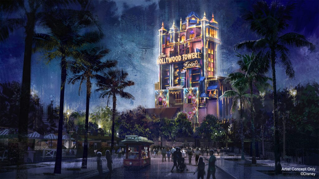 In this artist rendering, the Hollywood Tower Hotel becomes a Beacon of Magic in Disney’s Hollywood Studios at Walt Disney World Resort in Lake Buena Vista, Fla. As part of “The World’s Most Magical Celebration” honoring Walt Disney World Resort’s 50th anniversary beginning Oct. 1, 2021, the tower and other icons at each Walt Disney World theme park will come to life at night with their own EARidescent glow. (Disney)