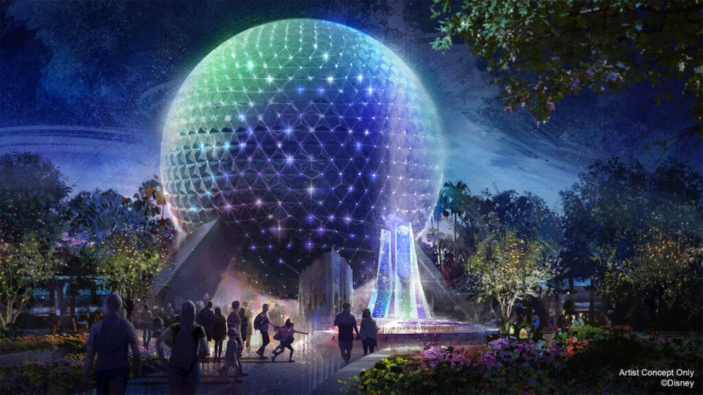 In this artist rendering, Spaceship Earth becomes a Beacon of Magic in EPCOT at Walt Disney World Resort in Lake Buena Vista, Fla. As part of “The World’s Most Magical Celebration” honoring Walt Disney World Resort’s 50th anniversary beginning Oct. 1, 2021, Spaceship Earth and other icons at each Walt Disney World theme park will come to life at night with their own EARidescent glow. (Disney)