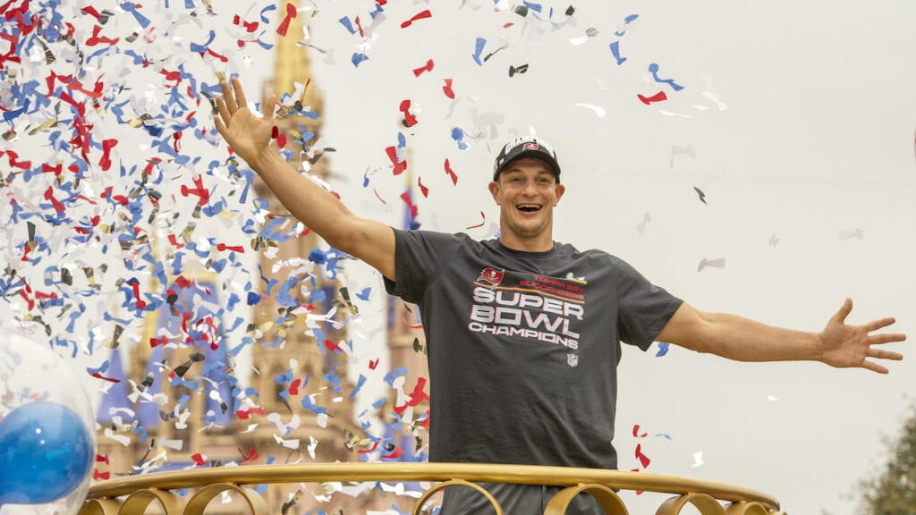 Rob Gronkowski celebrates in a backstage area near Cinderella Castle at Magic Kingdom Park [Source: Disney Parks Blog]