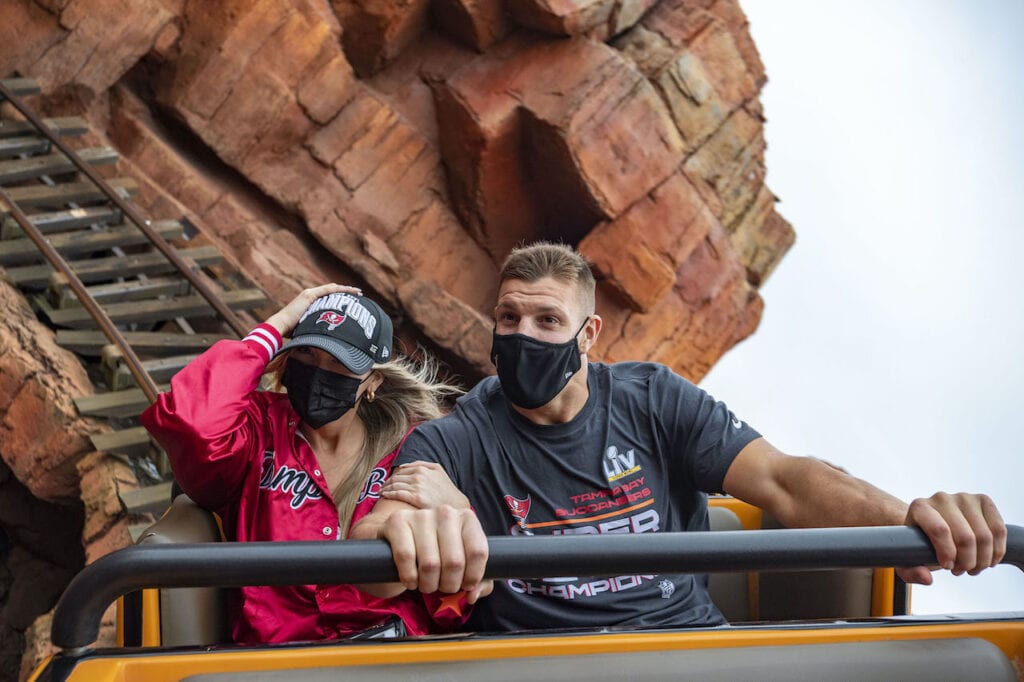 Rob Gronkowski and fiancée Camille Kostek ride Big Thunder Mountain Railroad in Magic Kingdom Park [Source: Disney Parks Blog] 