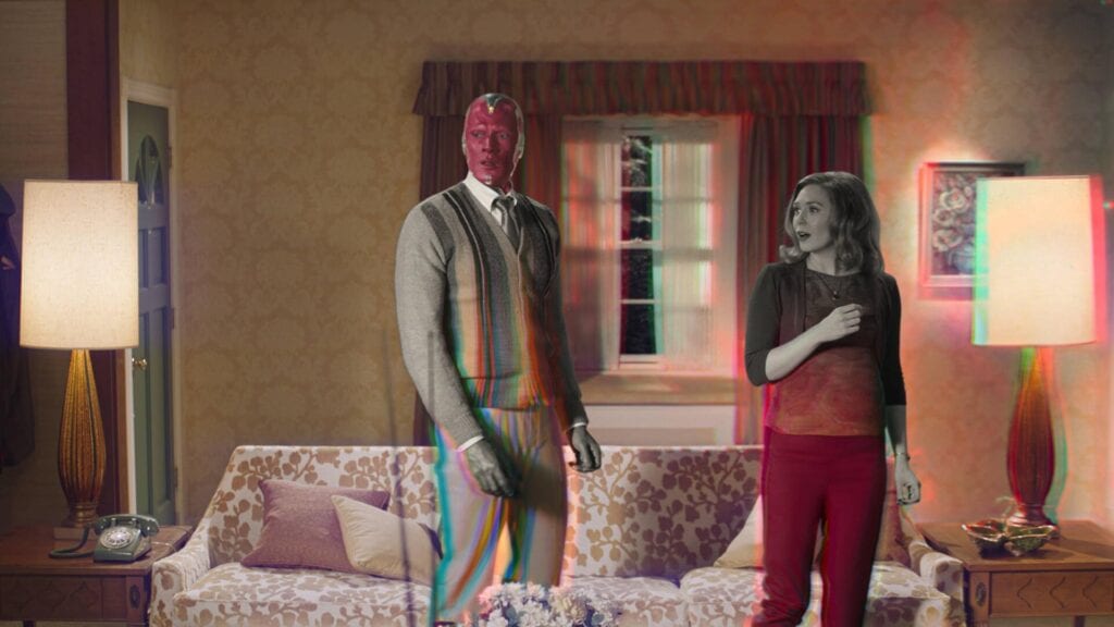 Paul Bettany is Vision and Elizabeth Olsen is Wanda Maximoff in Marvel Studios' WANDAVISION, exclusively on Disney Plus.