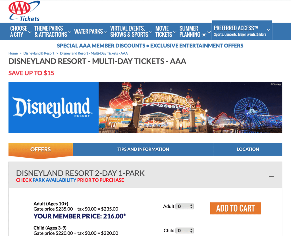 AAA Disneyland Tickets Screenshot from AAA Discounts Page