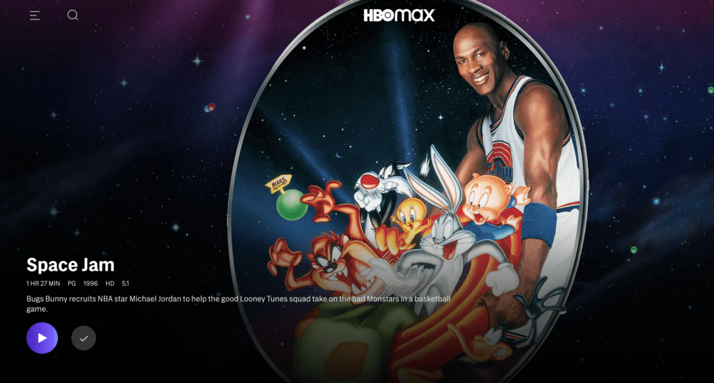 Space Jam (1996) on HBO Max [Source: HBO Max, via screenshot]