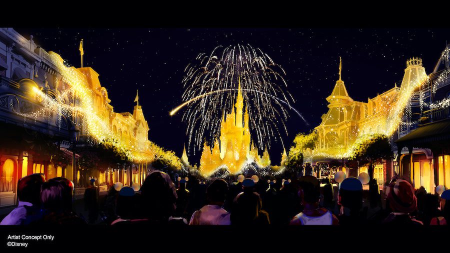 "A new nighttime spectacular, “Disney Enchantment,” will debut Oct. 1, 2021, at Magic Kingdom Park in Lake Buena Vista, Fla. Created to launch with the “World’s Most Magical Celebration” the show will take guests on a journey filled with adventure, wonder and empowerment, inspiring guests to believe in magic. “Disney Enchantment” will feature music, enhanced lighting, stunning fireworks and, for the first time, immersive projection effects that extend from Cinderella Castle down Main Street, U.S.A." [Source: Disney]